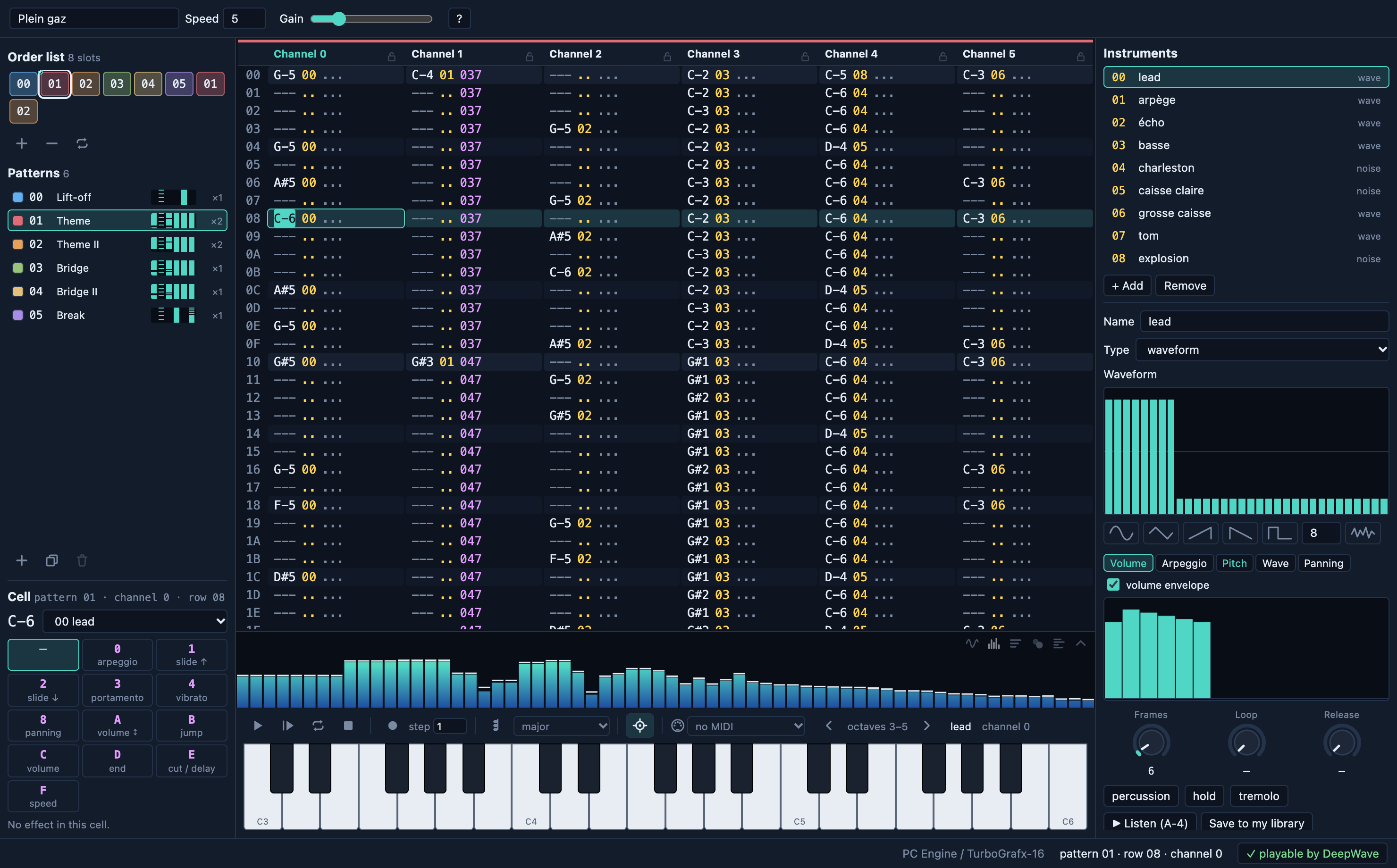The DeepWave window: the order list, the pattern, the spectrum, the piano and the instruments