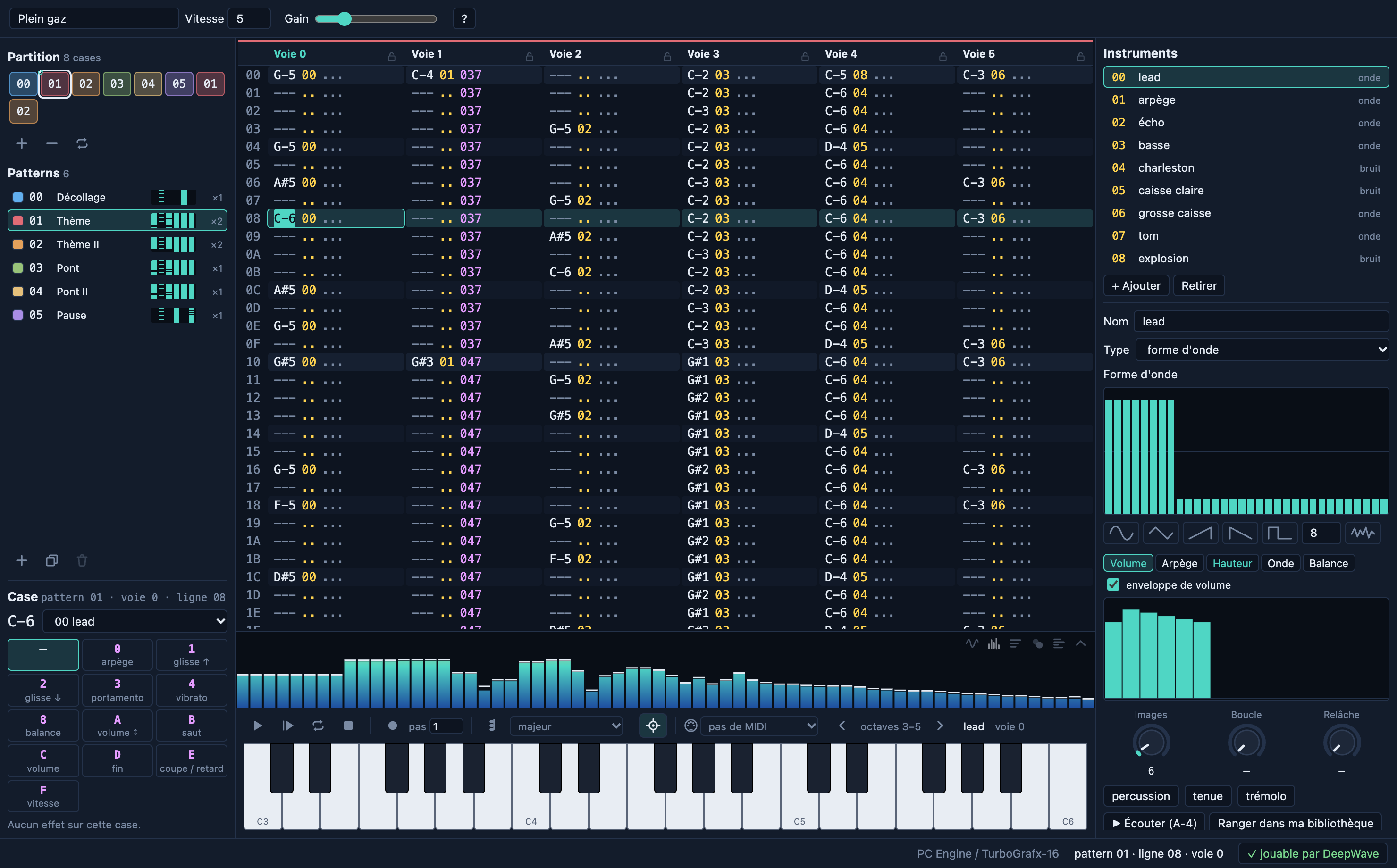 La fenêtre de DeepWave : la partition, le pattern, le spectre, le piano et les instruments