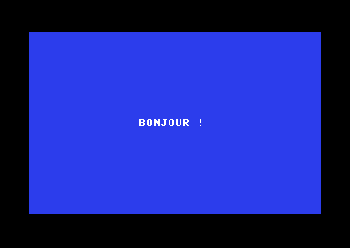 Écran du Commodore 64 : BONJOUR ! en blanc sur fond bleu