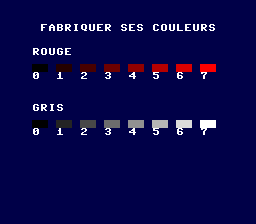 Écran de la PC Engine : deux dégradés de 8 pavés, du noir au rouge vif et du noir au blanc