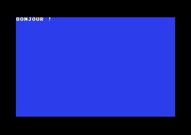Écran du Commodore 64 : BONJOUR ! dans le coin en haut à gauche