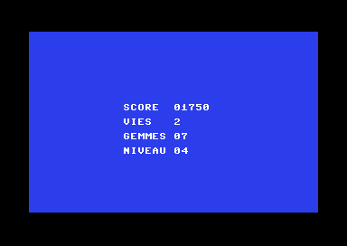 Écran du Commodore 64 : SCORE 01750, VIES 2, GEMMES 07, NIVEAU 04