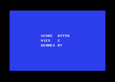 Écran du Commodore 64 : SCORE 03750, VIES 2, GEMMES 07