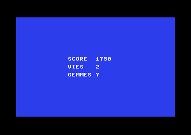 Écran du Commodore 64 : SCORE 1750, VIES 2, GEMMES 7
